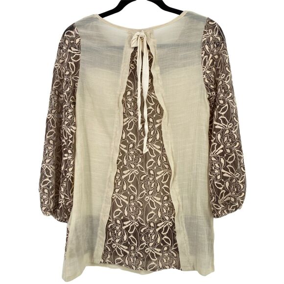 A'Reve Anthropologie Gauze Lace Peasant Shirt Womens Size Small - Picture 4 of 9